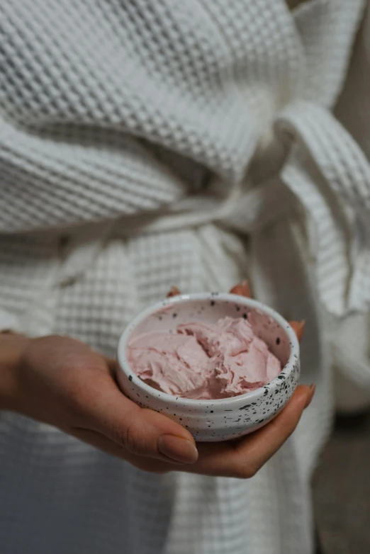 a person holding a bowl of ice cream, lavender blush, cosy, ultra textured, performance