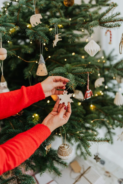 a woman decorating a christmas tree with ornaments, by Julia Pishtar, organic ornament, small, extra detail, a wooden