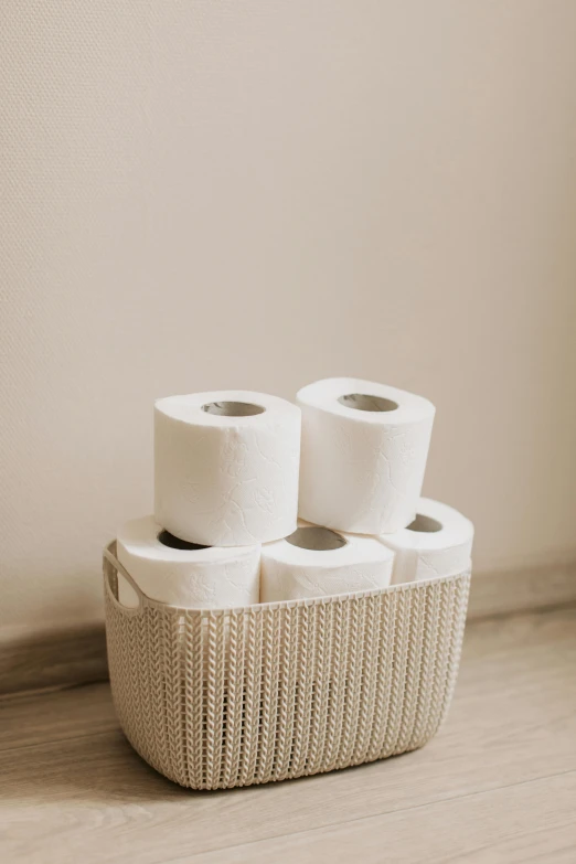 three rolls of toilet paper in a basket, pexels contest winner, white ceramic shapes, 6 pack, thicc build, mid body