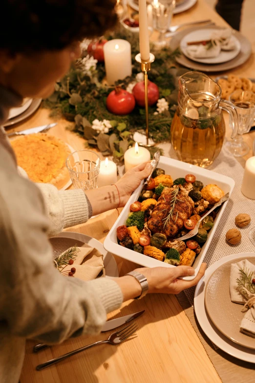 a person sitting at a table with a tray of food, holiday season, square, 4l, seasonal