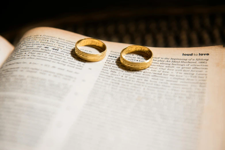 two wedding rings sitting on top of an open book, by Daniel Lieske, pexels, christianity, gold plated, lgbtq, 15081959 21121991 01012000 4k