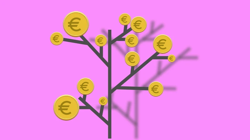 a tree with coins growing out of it, a digital rendering, by karolis strautniekas, trending on pixabay, figuration libre, pink scheme, western european, illustration in the golden ratio, currency symbols printed