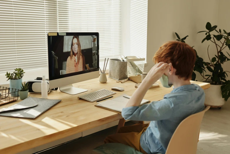 a woman sitting at a desk in front of a computer, trending on pexels, video art, red haired teen boy, healthcare, sydney hanson, on a wooden desk