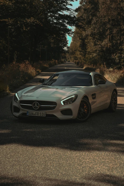 a white sports car parked on the side of a road, a colorized photo, pexels contest winner, photorealism, soft lighting 8 k resolution, mercedes, muted colors. ue 5, ✨🕌🌙