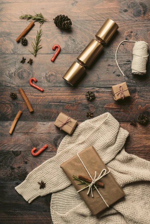 christmas presents laid out on a wooden table, pexels contest winner, renaissance, brown sweater, battle ready, thumbnail, 8