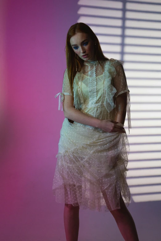 a woman in a white dress standing in front of a window, an album cover, inspired by Elsa Bleda, renaissance, sydney sweeney, dressed in a frilly ((lace)), on a mannequin. studio lighting, sophie turner