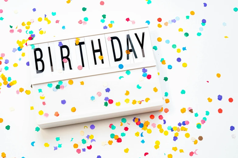 a sign that says birthday surrounded by confetti, by Julia Pishtar, visual art, lightbox, background image, white background, miniature photography closeup