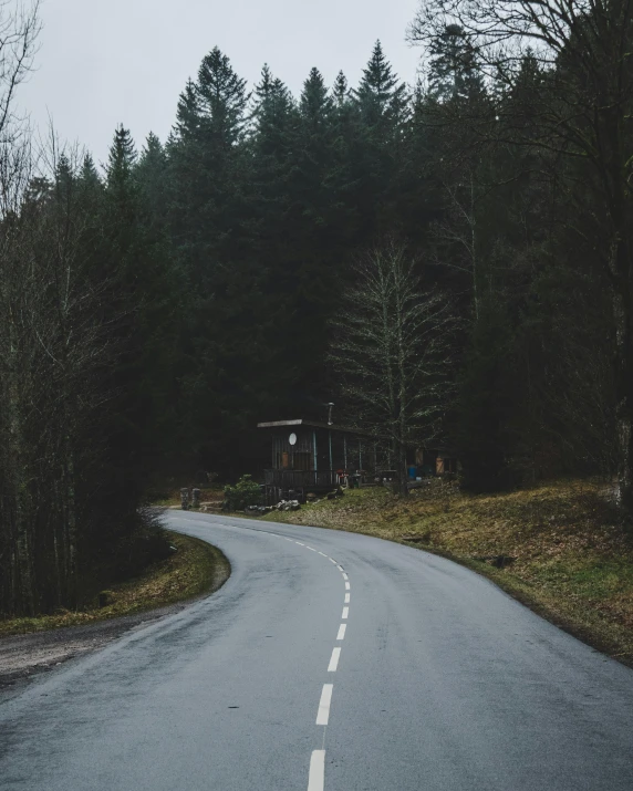 an empty road in the middle of a forest, wood cabin in distance, flowing curves, nina tryggvadottir, hilly road