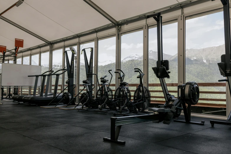 a gym with a lot of exercise equipment, a portrait, unsplash, dolomites in background, high details photo