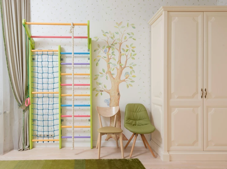 a child's room with a ladder painted on the wall, inspired by Albert Paris Gütersloh, pexels contest winner, linden trees, multi pastel colors, arbor, threes