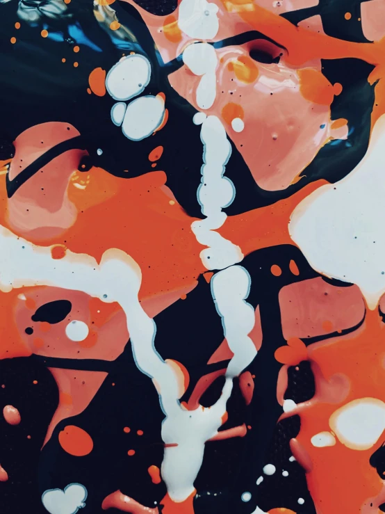 a close up of a painting on a wall, an abstract painting, inspired by Shōzō Shimamoto, unsplash, black and orange, made of ferrofluid, petra cortright, puddle of milk