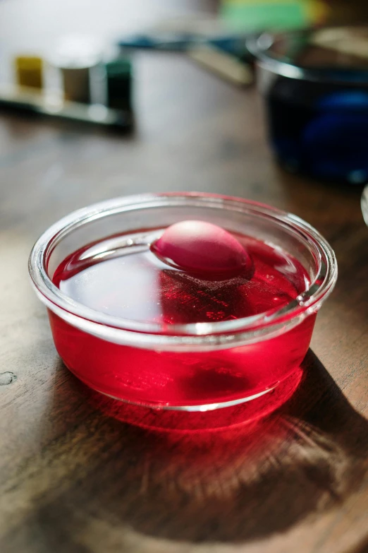 a bowl of liquid with a spoon in it, jellymeat, in crimson red, translucent eggs, d-cup