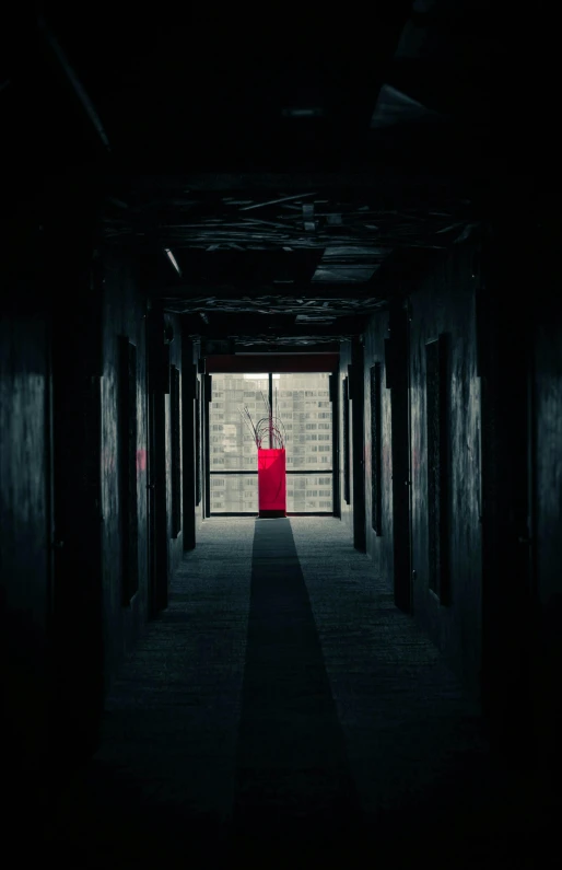 a red suitcase sitting in the middle of a dark hallway, pexels contest winner, conceptual art, hashima island, inside a tall vetical room, looking towards camera, looking in front