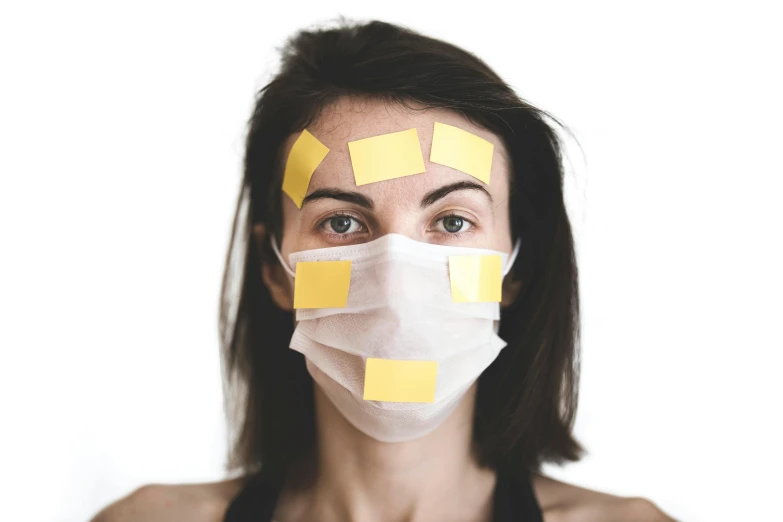 a woman with sticky notes on her face, trending on pexels, medical mask, square sticker, thumbnail, nerves