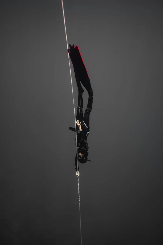 a person hanging upside down on a rope, by artist, arabesque, black and red suit, woman holding recurve bow, on a gray background, including a long tail