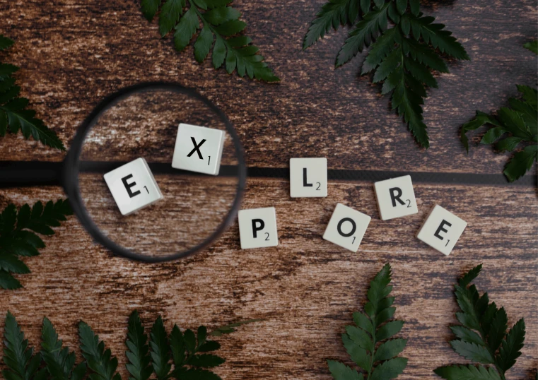 a magnifying glass sitting on top of a wooden table, by Emma Andijewska, pexels contest winner, graffiti, plant specimens, board games, green letters, explorer