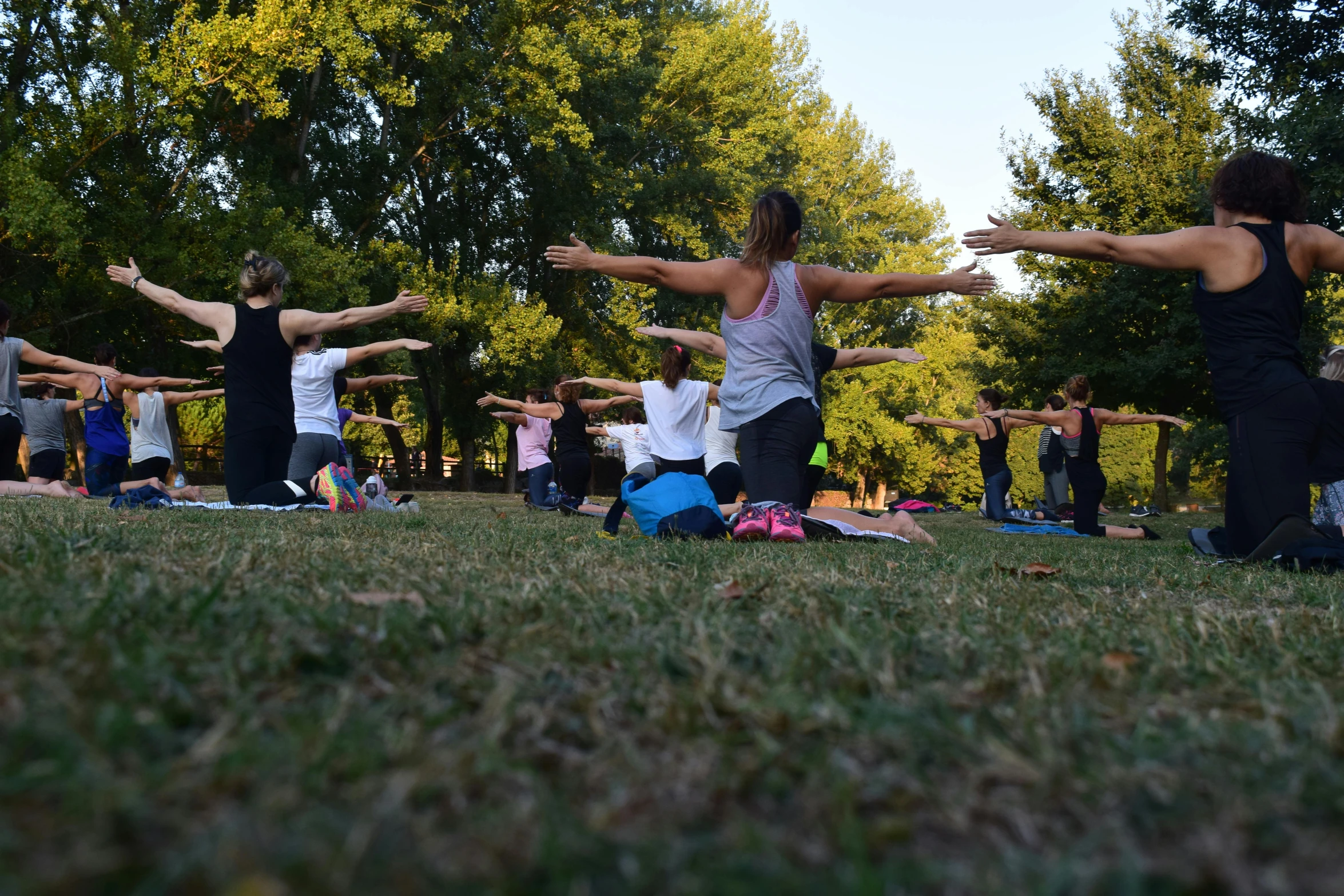 a group of people doing yoga in a park, a photo, 5k, thumbnail, not cropped, from the distance