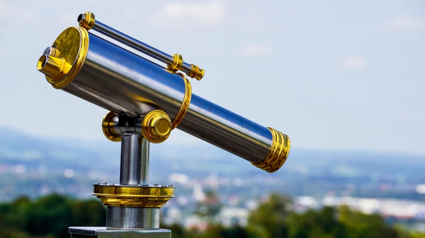 a telescope sitting on top of a metal pole, a tilt shift photo, trending on pexels, laser beam ; outdoor, gold, view from eyes, instagram post