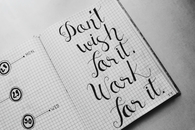 a notebook with the words don't wish to do it work for it, a sketch, pixabay, letterism, calligraphy formula, lorem ipsum dolor sit amet, waist high, workout