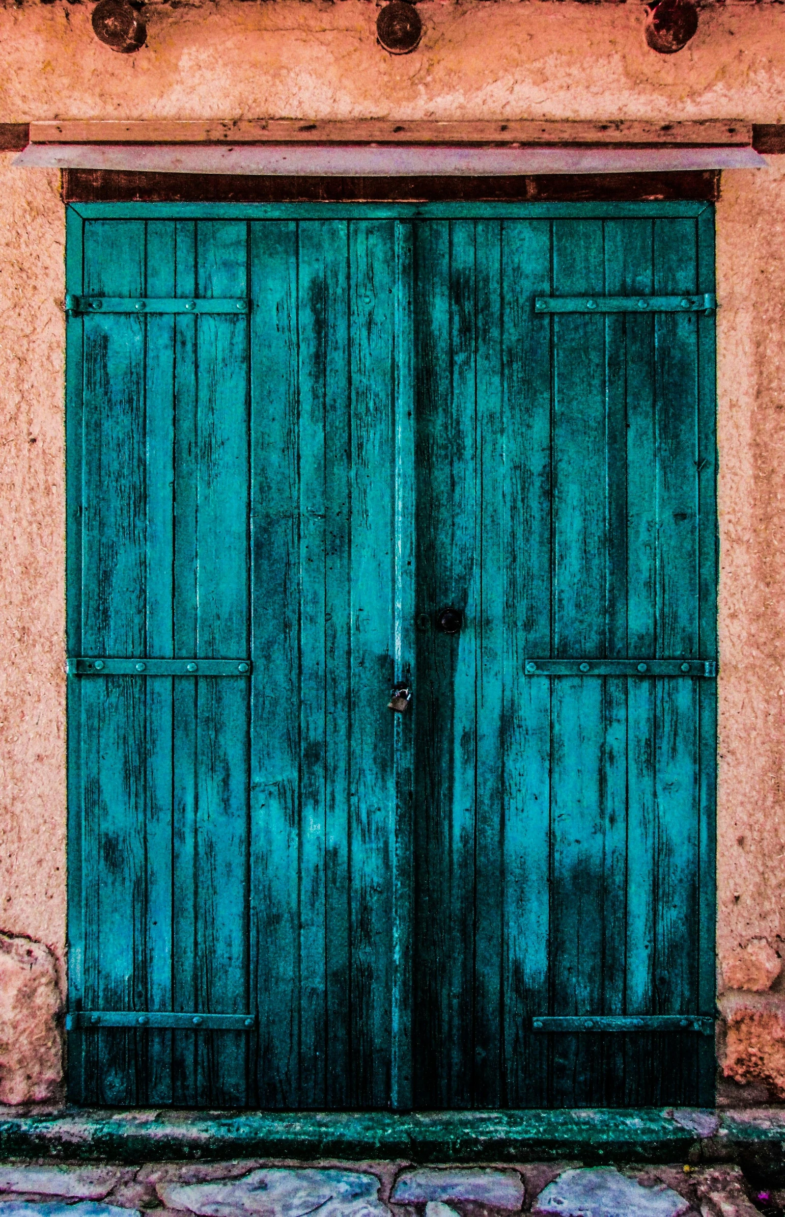 a red fire hydrant sitting in front of a green door, an album cover, by Peter Churcher, renaissance, brown and cyan blue color scheme, wood door, wabi sabi, shutters