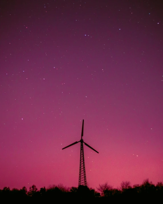 a wind turbine on top of a hill under a purple sky, by Jesper Knudsen, vibrant pink, borealis