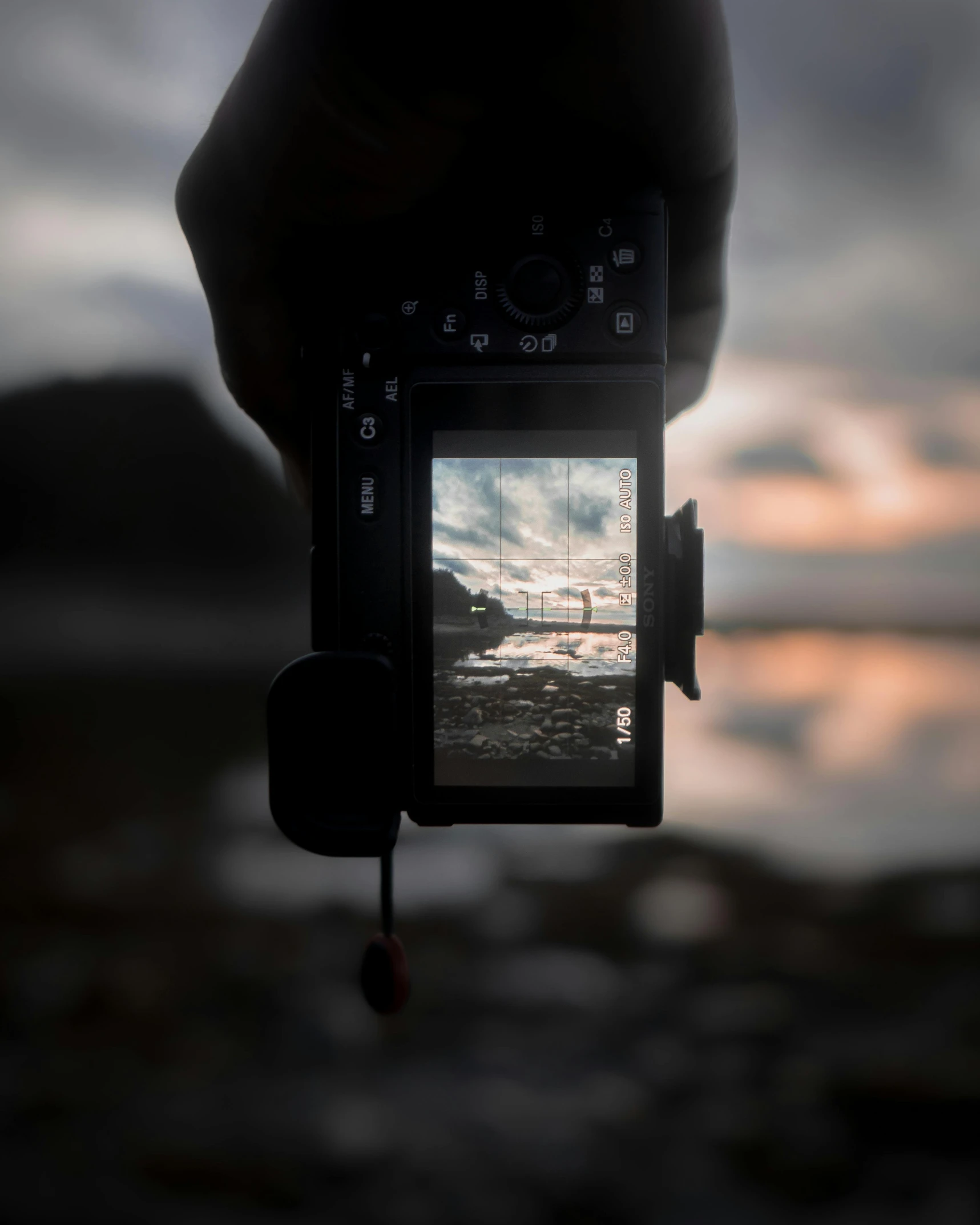 a person taking a picture with a camera, body of water, in a frame, lcd screen, high quality image