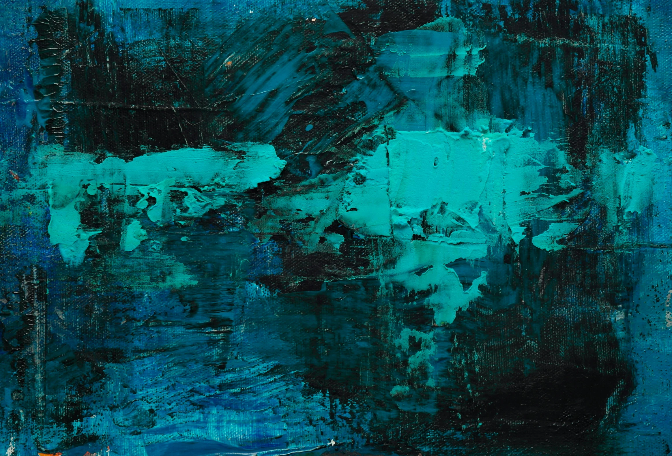 a close up of a painting on a wall, an abstract painting, by Micha Klein, abstract expressionism, black and cyan color scheme, dark green water, glass antikythera, 1957