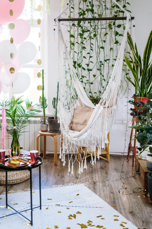 a living room filled with lots of plants and decorations, by Julia Pishtar, pexels contest winner, in a white boho style studio, afternoon hangout, hanging from white web, romantic themed