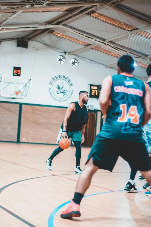 a group of men playing a game of basketball, by Robbie Trevino, trending on dribble, local gym, profile image, wearing basketball jersey, oceanside