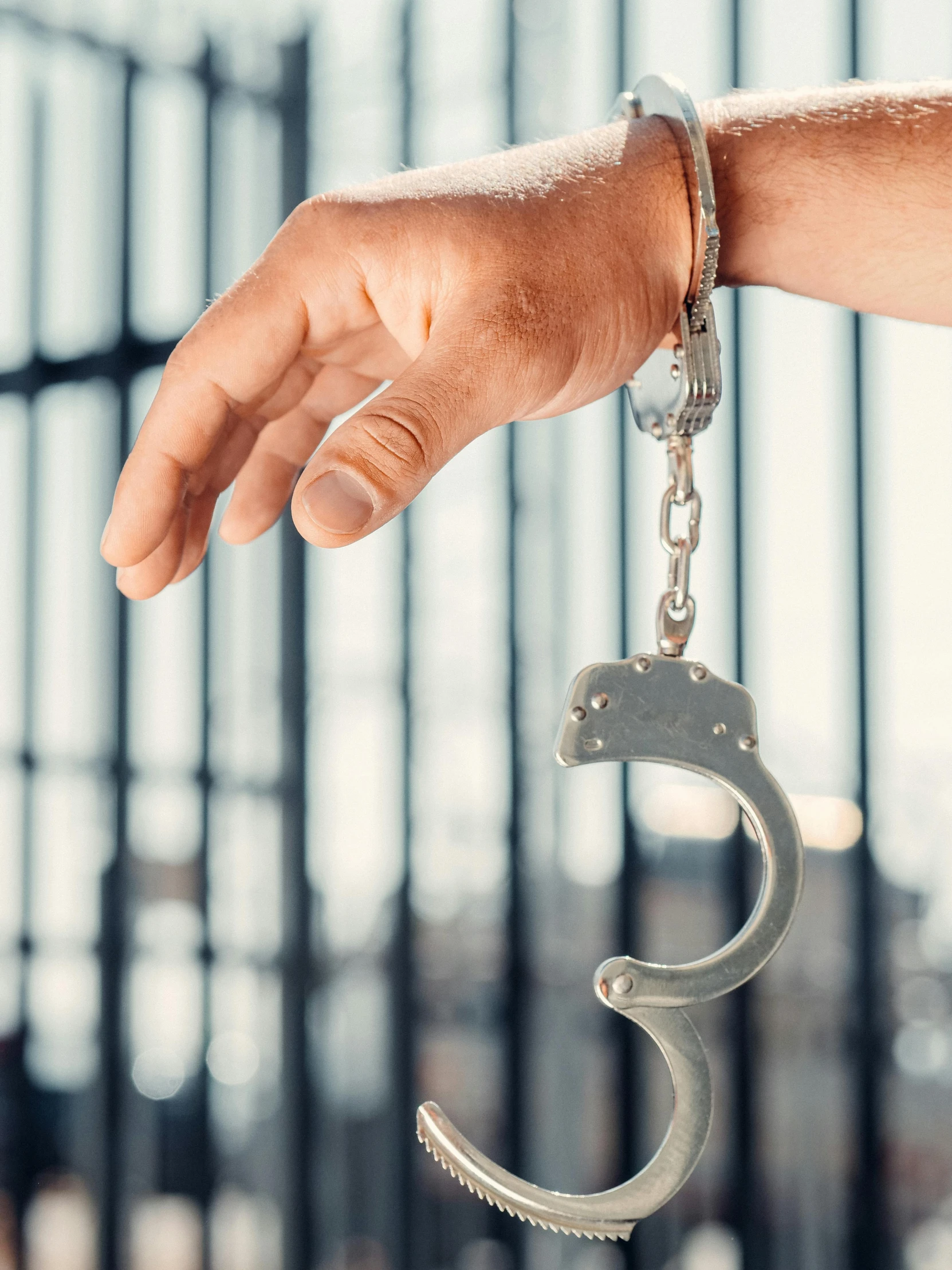 a close up of a person's hand holding a pair of handcuffs, trending on pexels, renaissance, prison background, splash image, hanging, multiple stories