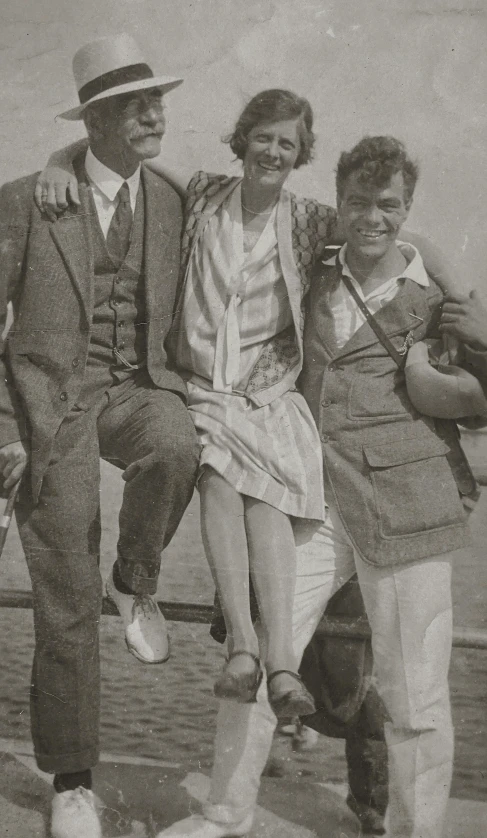 a black and white photo of three people on a boat, by Lorraine Fox, harlem renaissance, digital image, early 20s, low detail, dressed in a worn