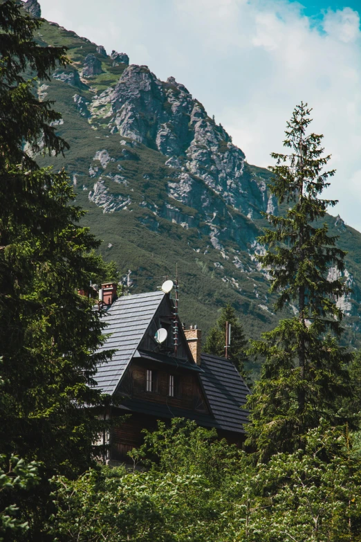 a house in the woods with a mountain in the background, by Adam Marczyński, unsplash contest winner, art nouveau, tiled roofs, poland, multiple stories, craggy mountains