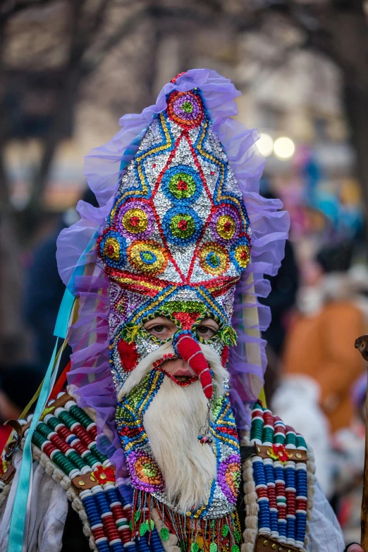 a close up of a person wearing a costume, inspired by Bernd Fasching, cloisonnism, santa, multicolored faces, dmt god, square