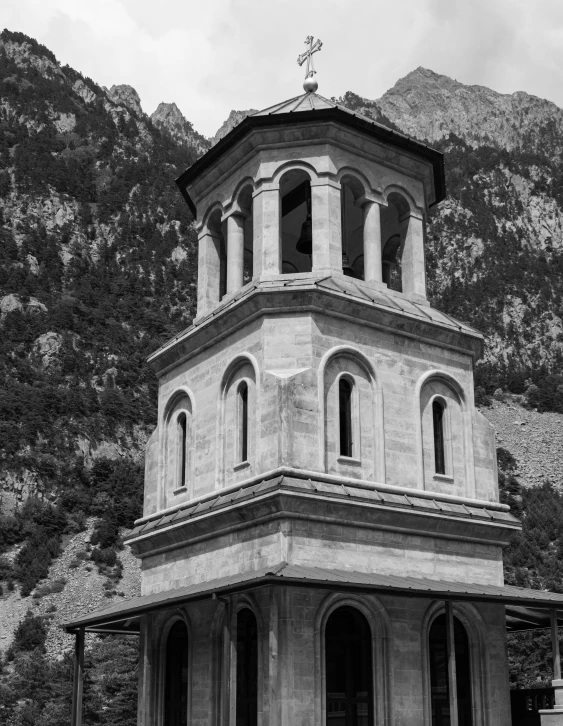 a black and white photo of a church in the mountains, a black and white photo, by Arthur Sarkissian, romanesque, square, larapi, neoclassical tower with dome, 1128x191 resolution