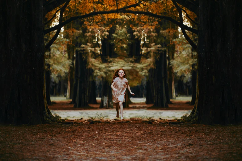 a woman in a white dress running through a forest, by Lucia Peka, pexels contest winner, 🍂 cute, red haired girl, symmetrical image, children