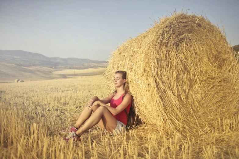 a woman sitting in a field next to a bale of hay, pexels contest winner, renaissance, avatar image, sunburn, medium format, various posed