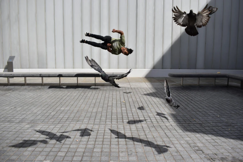 a man flying through the air surrounded by birds, pexels contest winner, hyperrealism, odeith, helio oiticica, on ground, shadows