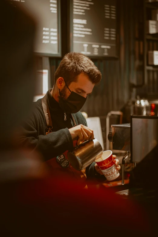 a bari bari serving a cup of coffee, pexels contest winner, wearing facemask, aussie baristas, cinematic quality, profile image