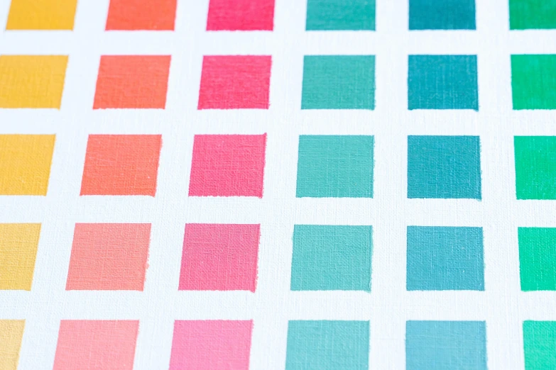 a sheet of colored paper with squares of different colors, a minimalist painting, inspired by Josef Albers, unsplash, color field, pink and teal and orange, iridiscent fabric, color chart, synthetic polymer paint on linen