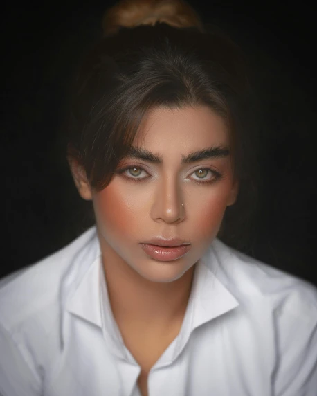 a woman in a white shirt posing for a picture, inspired by irakli nadar, trending on pexels, hyperrealism, androgynous face, egypt makeup, unibrow, prideful look