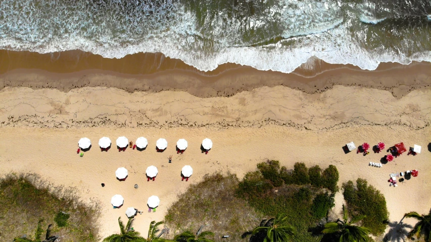 a group of umbrellas sitting on top of a sandy beach, a digital rendering, by Thomas Baines, pexels contest winner, aerial view, resort, brazil, helio oiticica