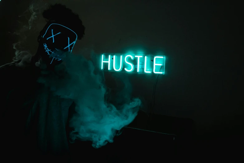 a person in a dark room with a neon sign that says hustle, pexels contest winner, smoke lasers, discord profile picture, teal aesthetic, full costume
