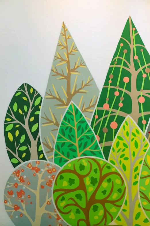 a group of trees painted on a wall, inspired by John Wonnacott, ecological art, lush forest foliage, paper cut art, brightly lit, sustainability