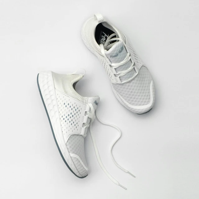 a pair of white sneakers on a white surface, shin hanga, sauroform hybrid, prana, light grey mist, full product shot