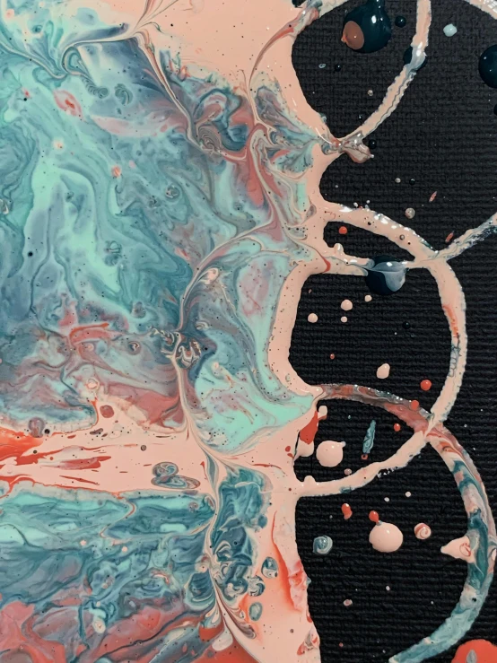 a close up of a painting on a canvas, by Anna Haifisch, reddit, generative art, dna helix, pour paint, black and teal paper, melting in coral pattern