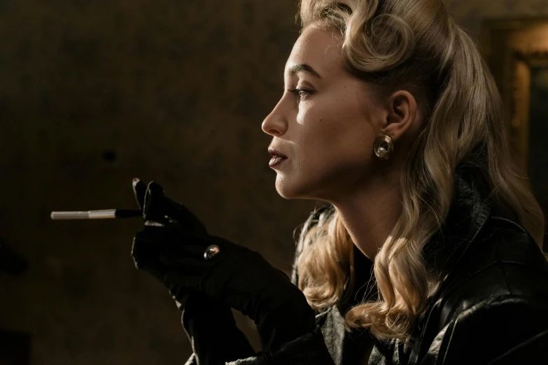 a woman smoking a cigarette in a dark room, a portrait, inspired by Evaline Ness, trending on pexels, fantastic realism, imogen poots as a holy warrior, lady gaga as evita, julia garner, [ theatrical ]