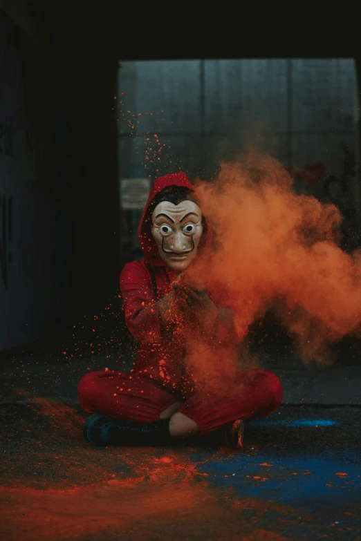 a person in a red outfit sitting on the ground, pexels contest winner, shock art, liquid smoke twisting, fuzzy orange puppet, gif, spray paint