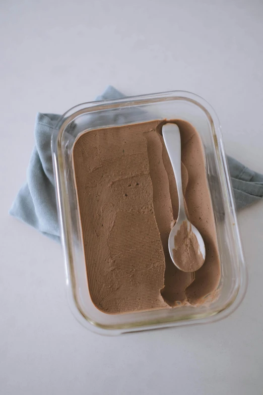 an ice cream dish with a spoon in it, muted brown, rectangular, recipe, thumbnail