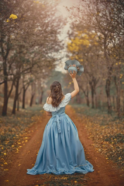 a woman in a blue dress holding a bird, an album cover, by Oleg Oprisco, pexels contest winner, autum, ball, 256435456k film, back