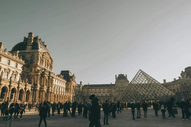 a group of people standing in front of a building, pexels contest winner, neoclassicism, from louvre, square, thumbnail, seasonal